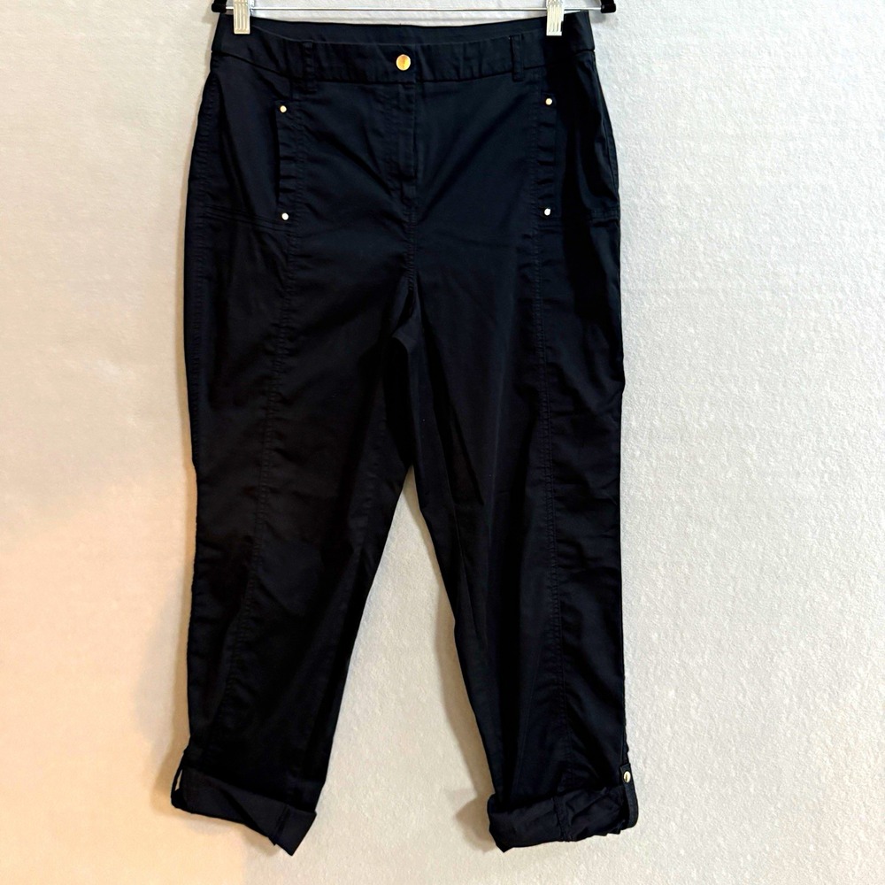 Chico's Size 1.5 Black Cropped Capri Pants Utility Cargo Button Tab